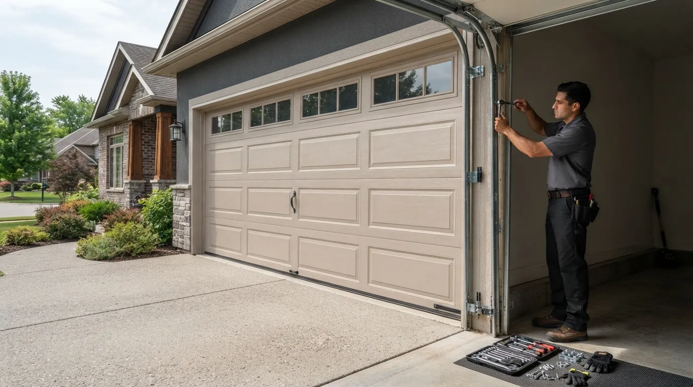 Garage door technician repairing a residential garage door in Gurnee Illinois