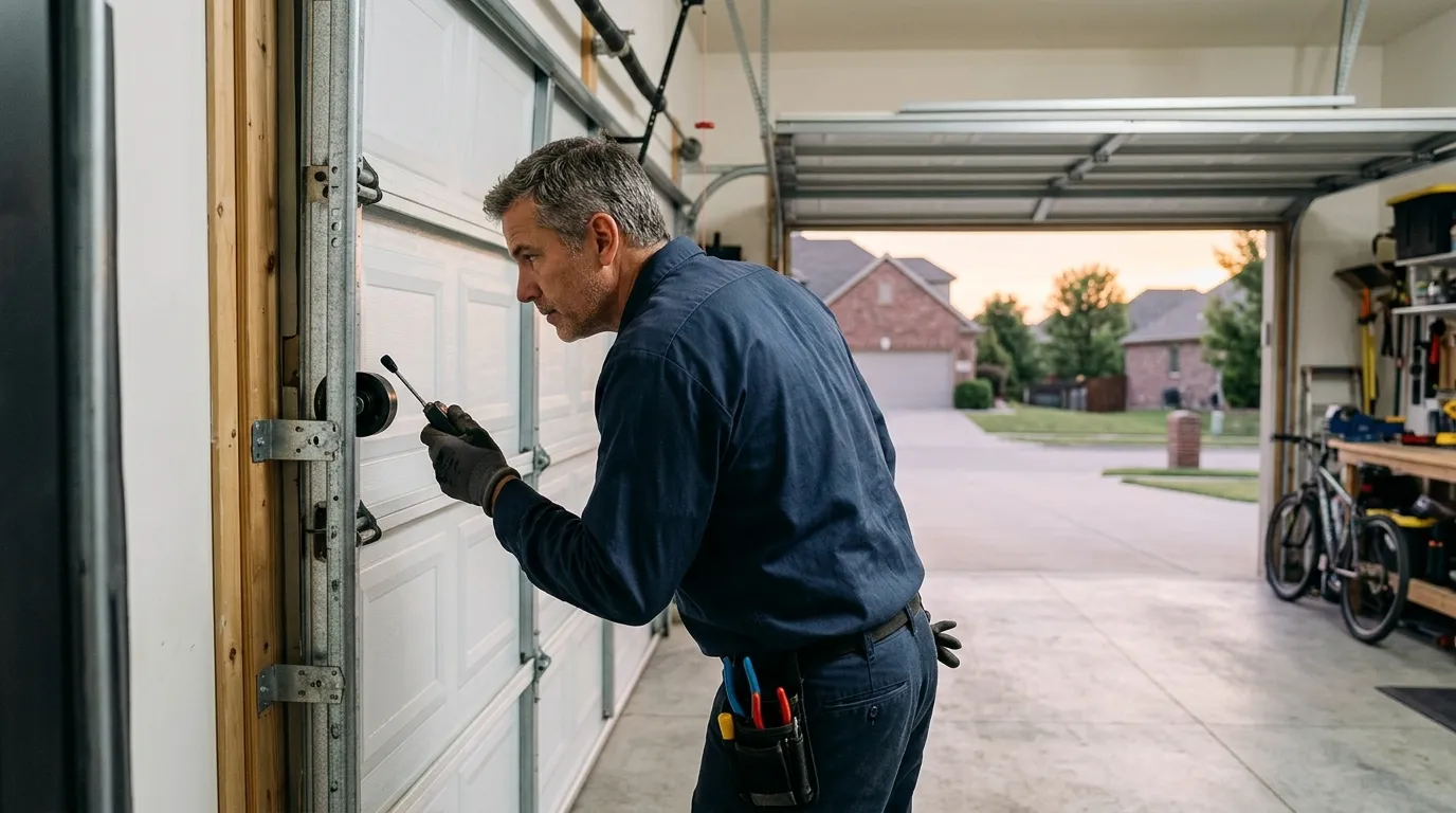 Garage door technician inspecting springs rollers tracks and opener in Gurnee Illinois